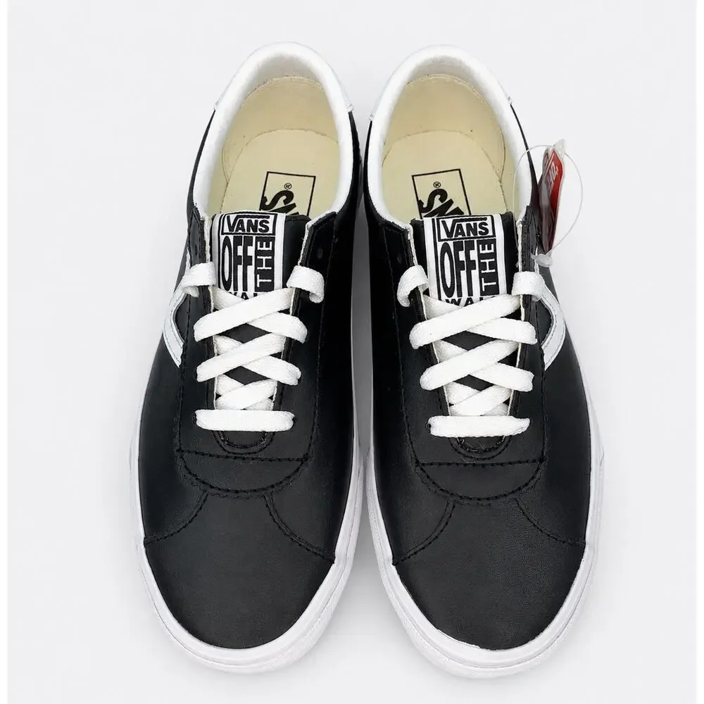 Vans Sport Leather Sneakers Women’s 8 Men’s 6.5 Black White Flying V NWOB
